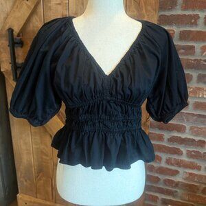 Old Navy Black Smocked V-Neck Puff Sleeve Peplum Top XS